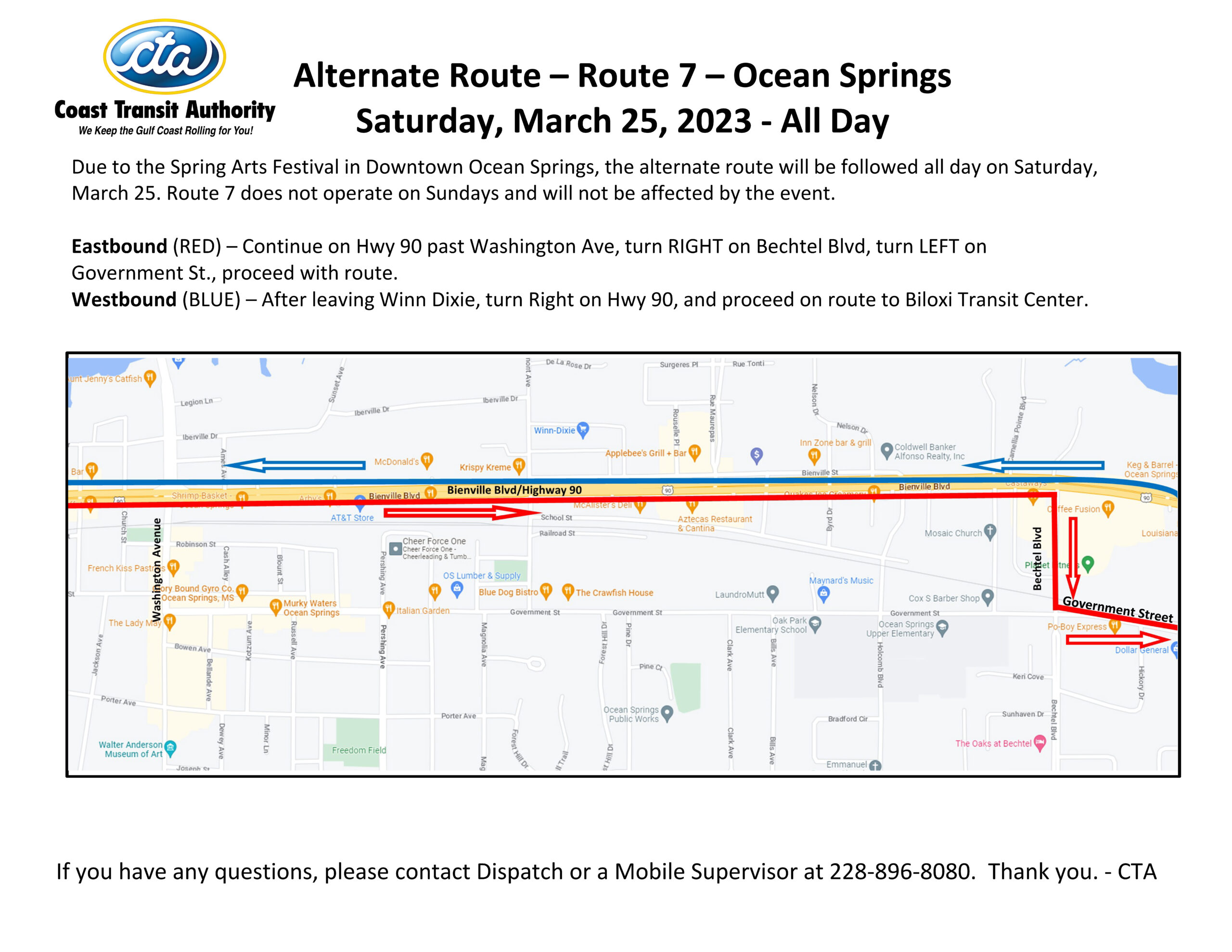 Alternate Route Announced for Ocean Springs Route 7 during Spring